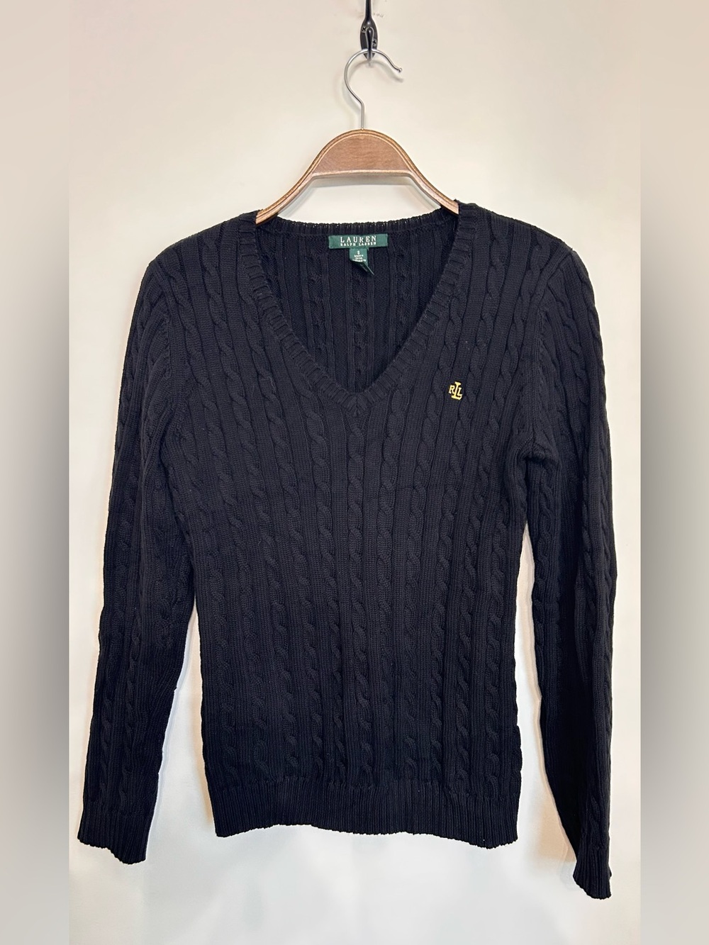 LAUREN BY RALPH LAUREN V NECK CABLE KNIT SWEATER WITH GOLD LOGO
